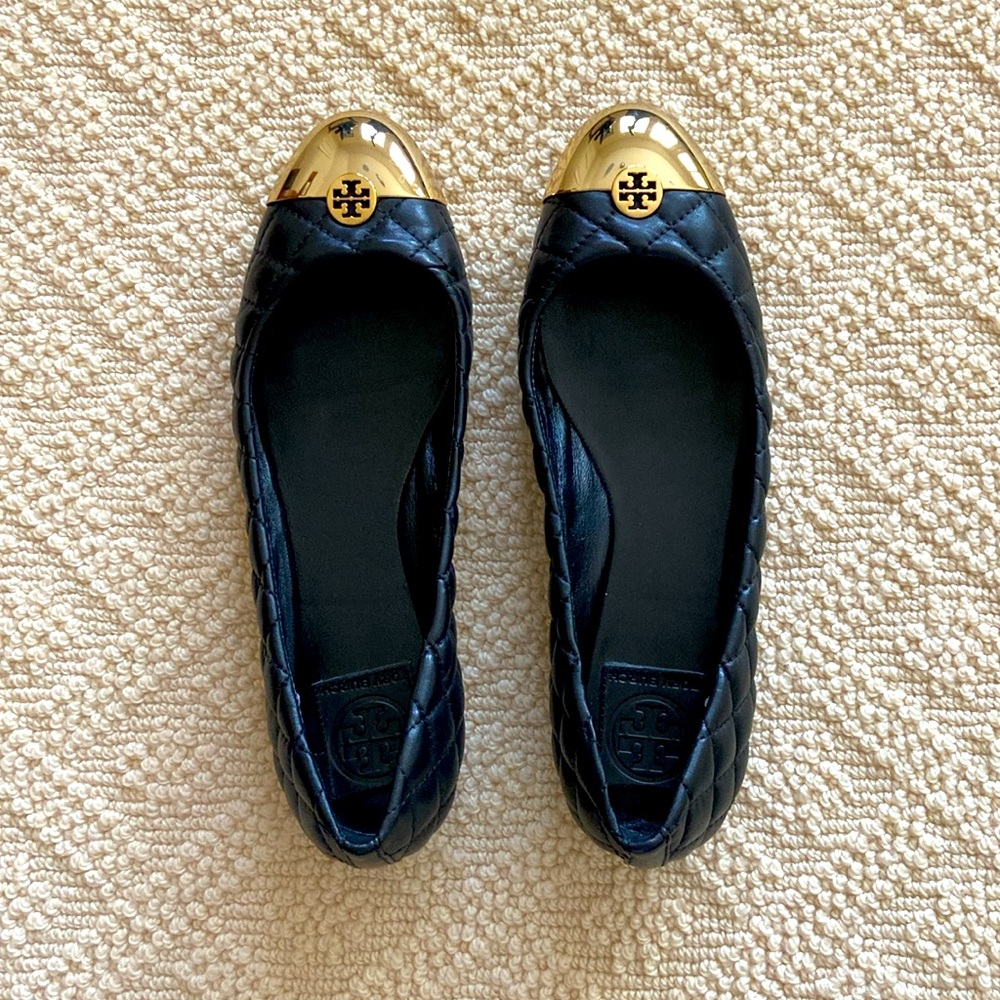 TORY BURCH Kaitlin Black Quilted Ballet Flats with Gold Cap Toe